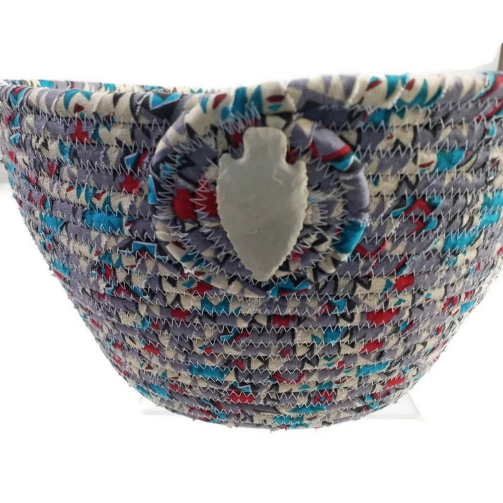 Handcrafted Southwest Fabric Wrapped Rope Bowl Multicolor Arrowhead Boho Decor